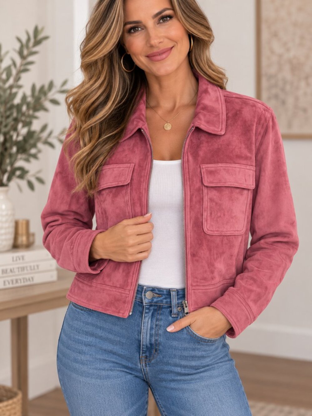 Nine West Women’s Large Dusty Rose Faux Suede Zip Front Jacket
